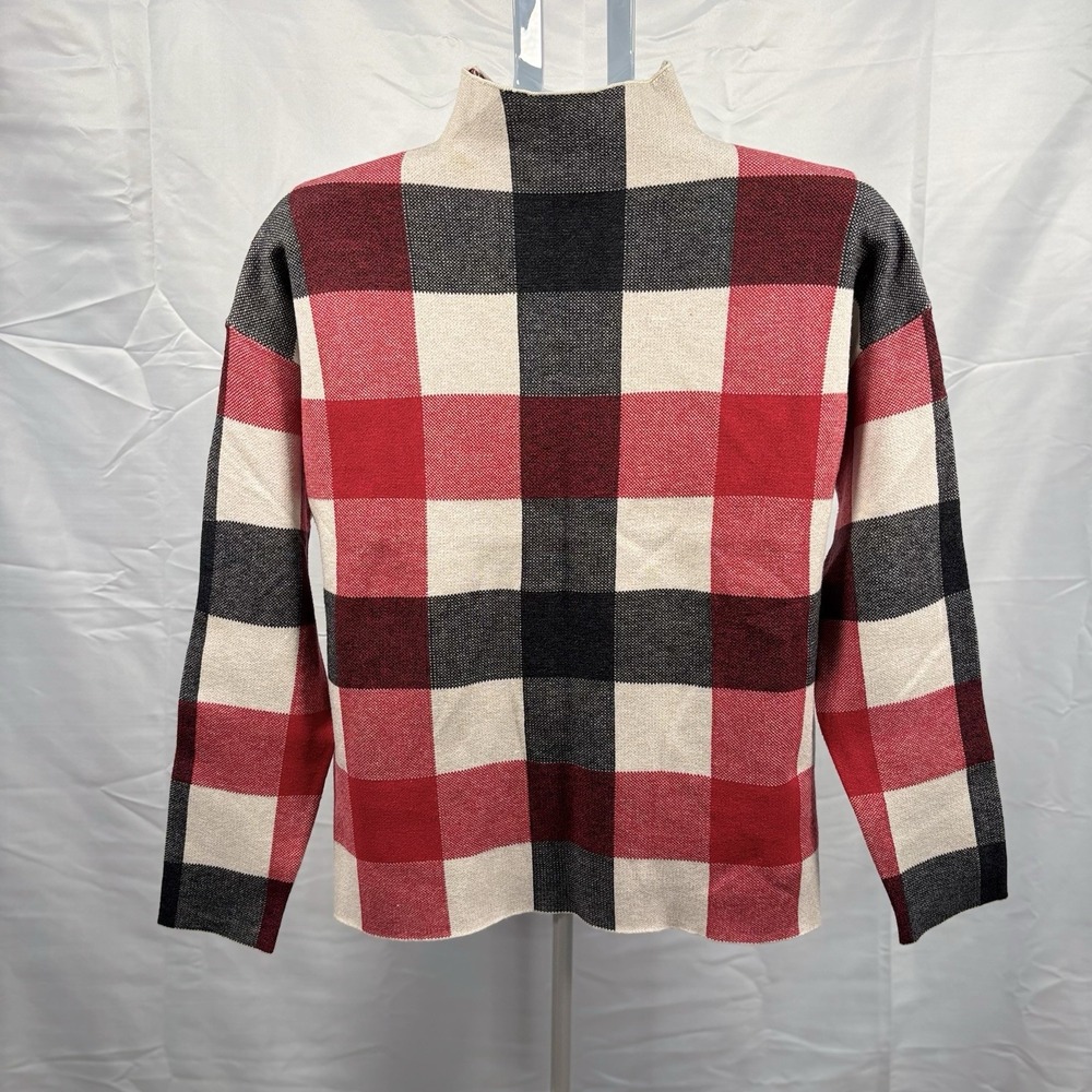 Tahari Box Checked Gingham Mock Neck Sweater XL Red Preppy Holiday Pullover
